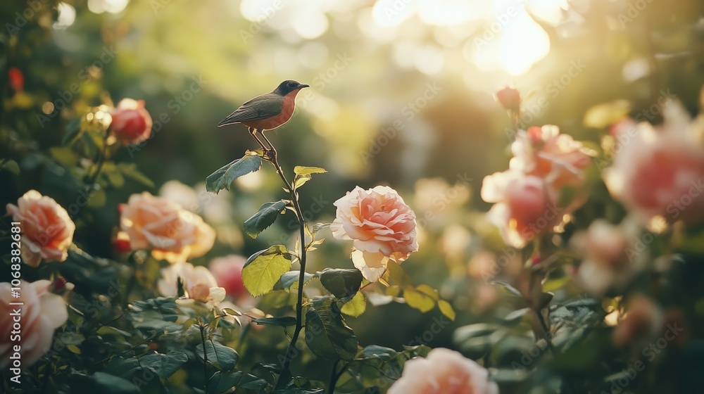A lush garden with blooming roses and a bird perched on a branch, symbolizing the beauty and balance of cultivated flora
