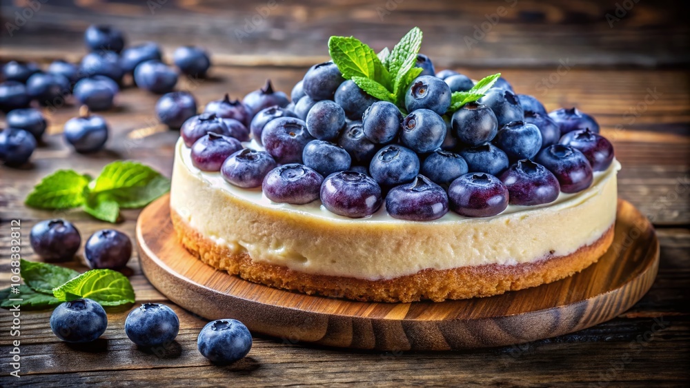 Indulge in a Decadent Blueberry Cheesecake on a Rustic Wooden Table Surrounded by Fresh Berries and Whipped Cream, Capturing the Essence of Homemade Dessert Bliss Indulge in a Decadent Blueberry Cheesecake on a Rustic Wooden Table Surrounded by Fresh Berries and Whipped Cream, Capturing the Essence of Homemade Dessert Bliss
