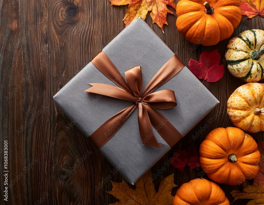 Top view of gray gift box with brown tied bow on a wooden table with pumpkins and autumnal leaves Top view of gray gift box with brown tied bow on a wooden table with pumpkins and autumnal leaves