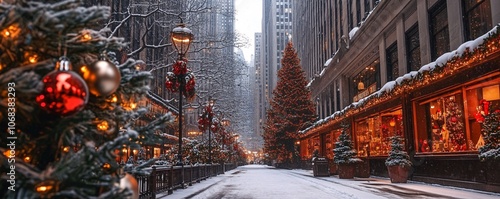 Christmas lights and decorations transforming city street during snowfall