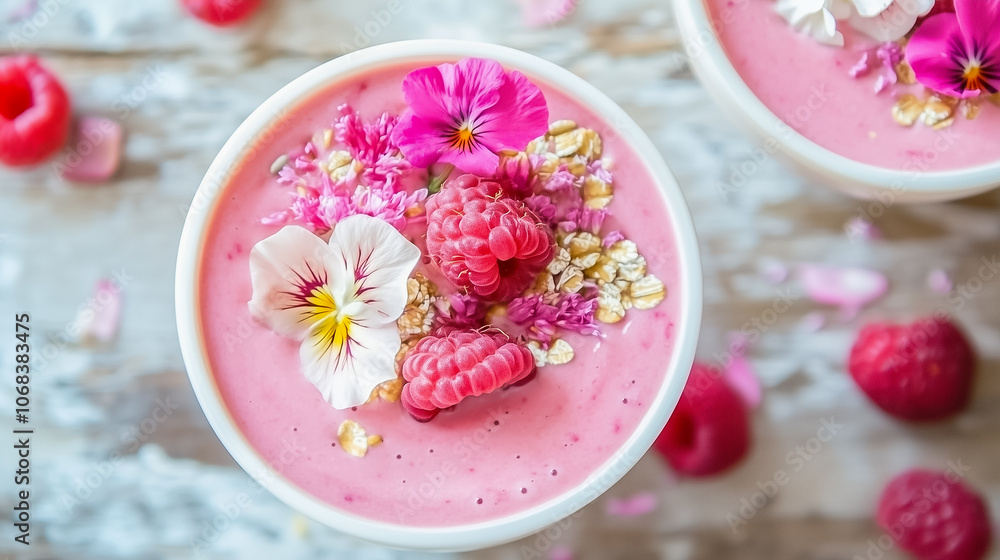 A vibrant raspberry smoothie bowl garnished with fresh berries, edible flowers, and oats on a rustic wooden table A vibrant raspberry smoothie bowl garnished with fresh berries, edible flowers, and oats on a rustic wooden table