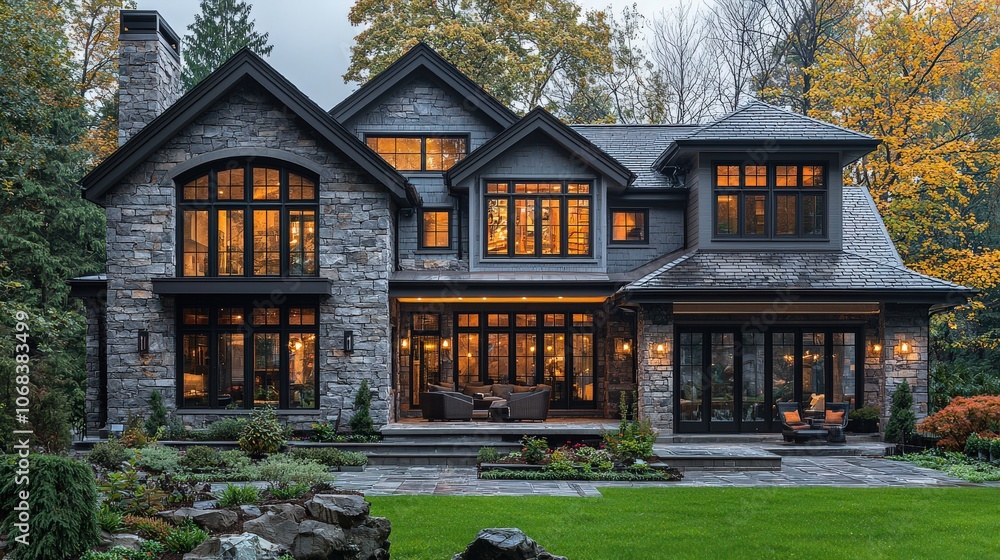 Elegant Mediterranean-style home with stone facade, warm evening lighting, landscaped garden, and arched windows, creating a luxurious and inviting atmosphere in a peaceful neighborhood. Elegant Mediterranean-style home with stone facade, warm evening lighting, landscaped garden, and arched windows, creating a luxurious and inviting atmosphere in a peaceful neighborhood.