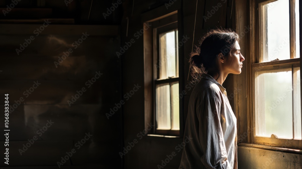 Pensive person stares out an aged wooden window, bathed in soft, nostalgic light and deep in thought. Pensive person stares out an aged wooden window, bathed in soft, nostalgic light and deep in thought.