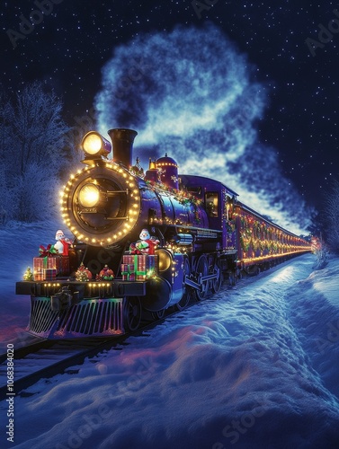 Photo-realistic image of a magical steam train adorned with colorful lights along the front, elegantly pulling through a snowy winter landscape. The train's engine is detailed and classic