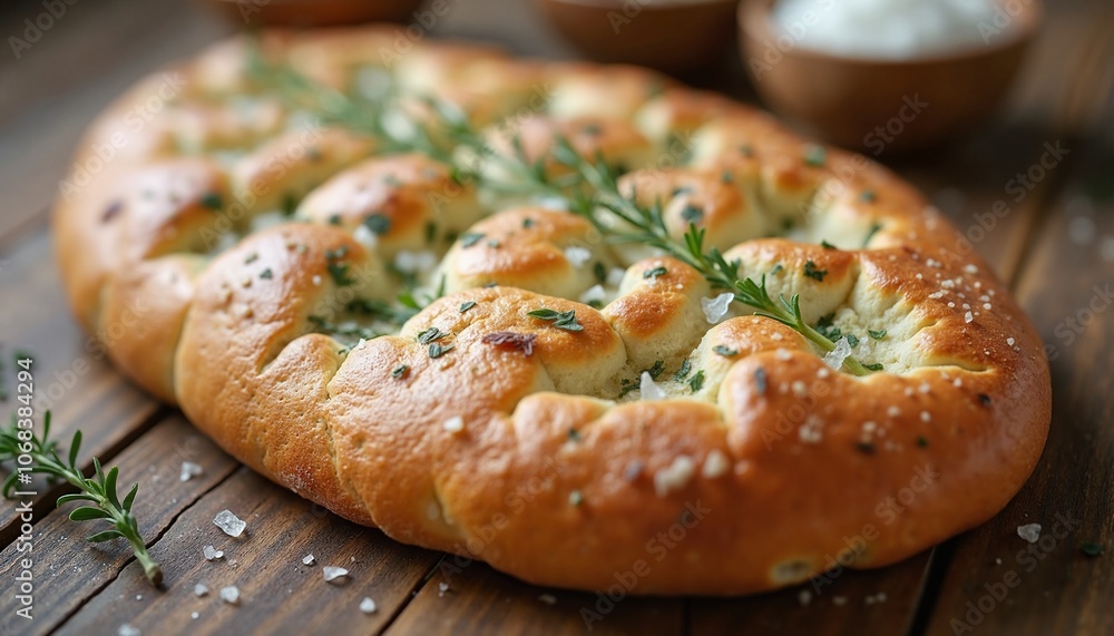 Artisanal Herb-Topped Focaccia Bread Freshly Baked on Rustic Wooden Table Artisanal Herb-Topped Focaccia Bread Freshly Baked on Rustic Wooden Table
