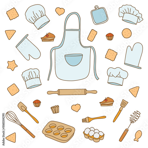 fashionable collection of baking accessories. Pastry chef set for cooking delicious pastries in doodle style on white background. Vector. 