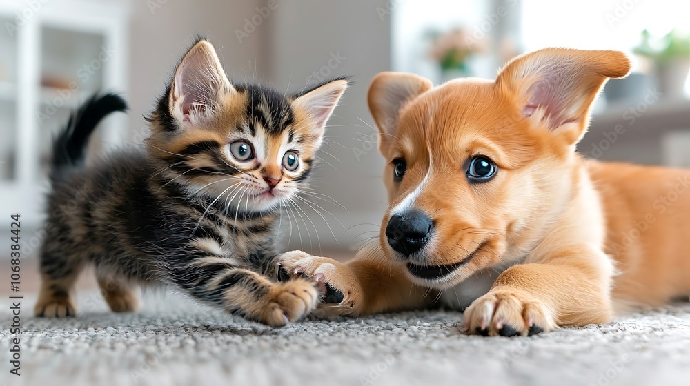 The playful kitten pounced around the room, chasing after the wagging tail of the curious puppy The playful kitten pounced around the room, chasing after the wagging tail of the curious puppy
