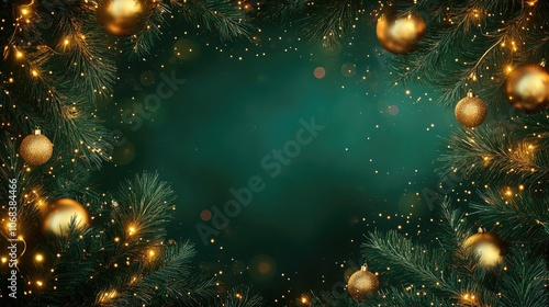 Green Christmas tree branches adorned with gold baubles and fairy lights, framing a central space for holiday text.