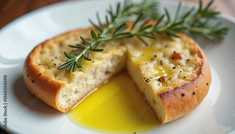 Crusty Bread with Olive Oil Appetizer Garnished with Rosemary on White Plate Crusty Bread with Olive Oil Appetizer Garnished with Rosemary on White Plate