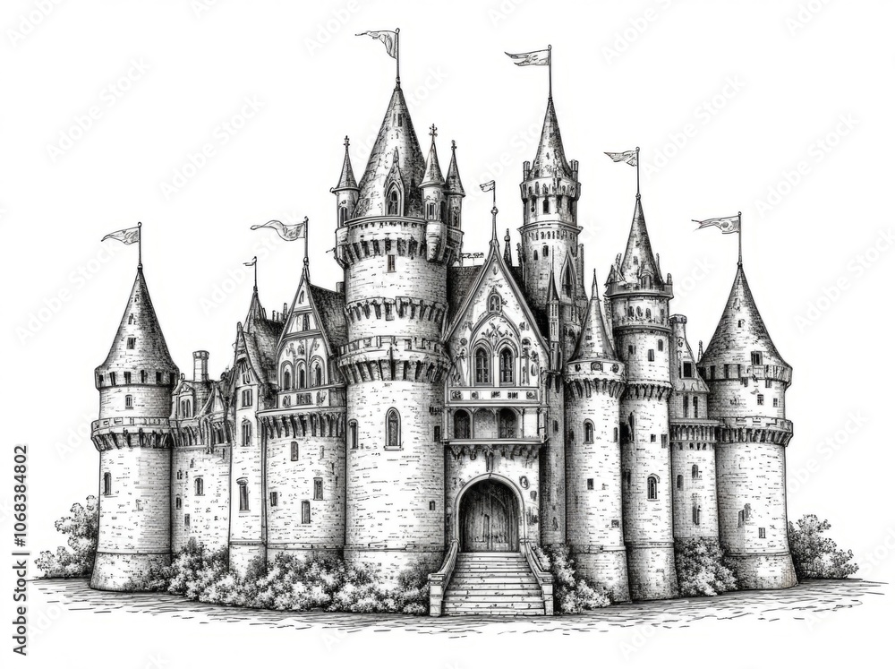 A detailed illustration of a medieval castle with towers and flags, surrounded by lush greenery, showcasing architectural grandeur A detailed illustration of a medieval castle with towers and flags, surrounded by lush greenery, showcasing architectural grandeur