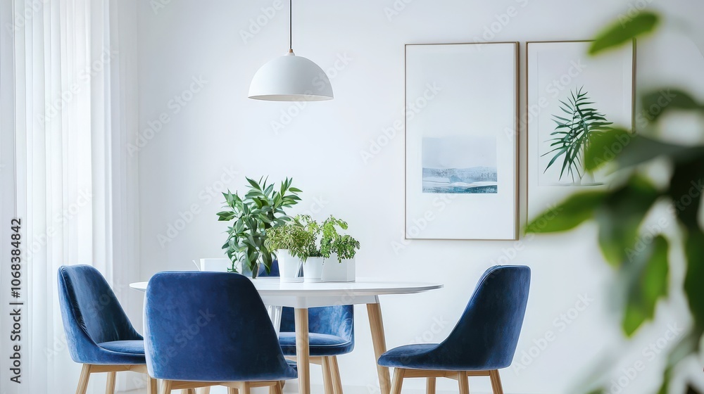 Modern dining room with blue velvet chairs and round white table, featuring minimalist decor, potted plants, wall art, and natural light through large windows, creating a cozy atmosphere. Modern dining room with blue velvet chairs and round white table, featuring minimalist decor, potted plants, wall art, and natural light through large windows, creating a cozy atmosphere.