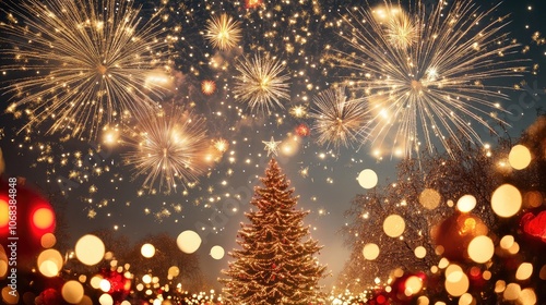 Holiday celebration with fireworks and a giant Christmas tree, with space for a seasonal message in the night sky.