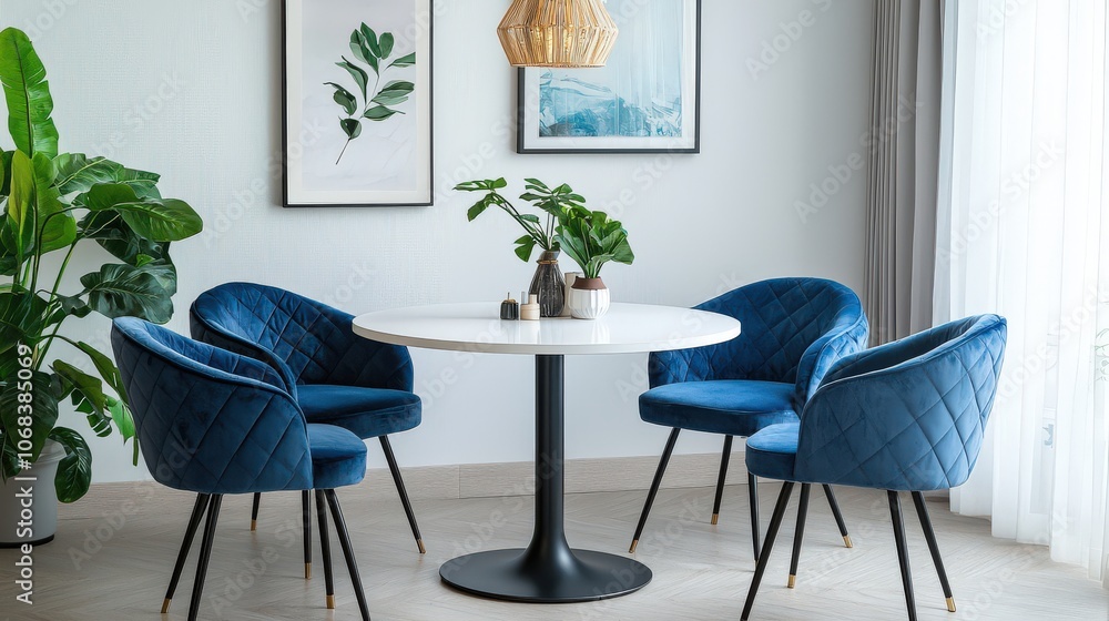 Fototapeta premium Modern dining room with blue velvet chairs and round white table, featuring minimalist decor, potted plants, wall art, and natural light through large windows, creating a cozy atmosphere.