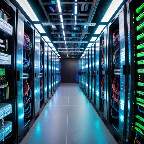 A futuristic server room with multiple network switches and organized, vibrant Ethernet cables connected to each one. LED lights on the switches add a soft, ambient glow, giving a sense