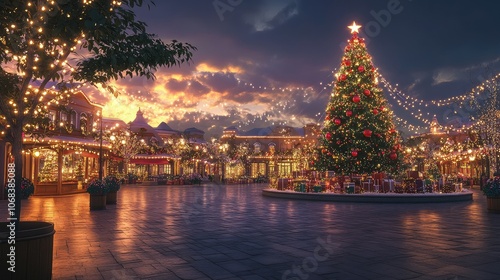 Holiday cheer at a decorated plaza with a large Christmas tree and lights, with a copy space in the twilight sky.