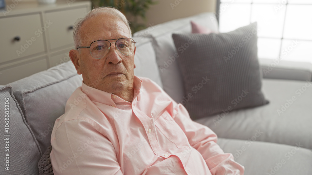 Elderly, caucasian man wearing glasses and a pink shirt sits in a modern living room at home looking thoughtful. Elderly, caucasian man wearing glasses and a pink shirt sits in a modern living room at home looking thoughtful.