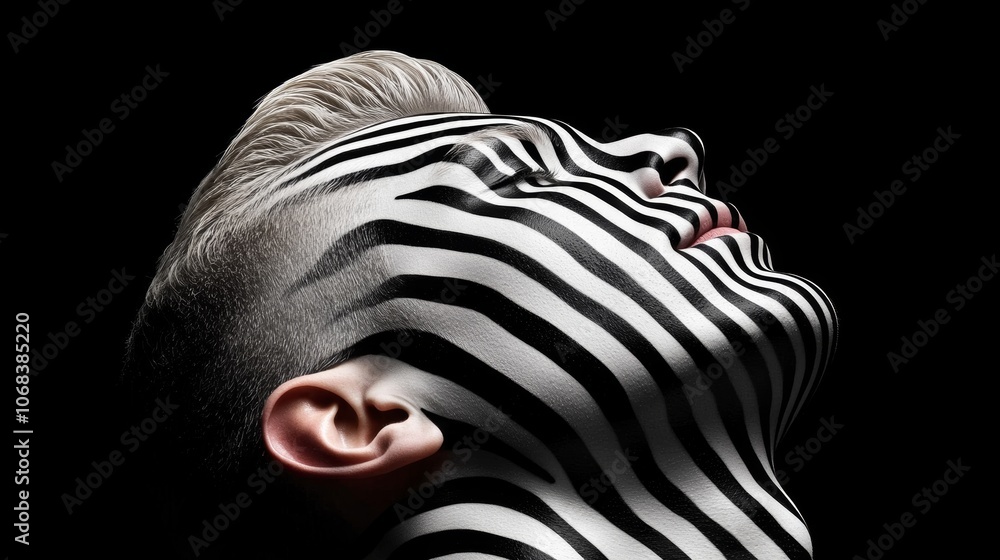 Black and White Zebra Stripes Face Art Body Paint Monochrome Portrait Black and White Zebra Stripes Face Art Body Paint Monochrome Portrait