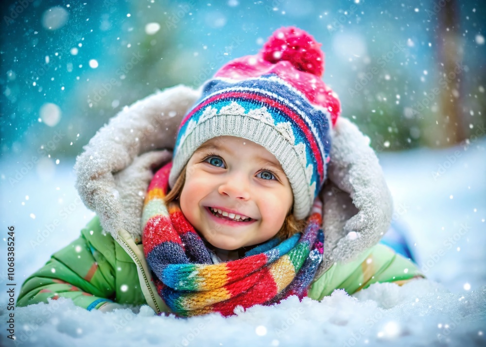 Joyful Winter Moments: Close-Up Portrait of a Happy Child Lying on Snow, Capturing the Essence of Winter Fun and Innocence with a Bright Smile and Playful Expressions Joyful Winter Moments: Close-Up Portrait of a Happy Child Lying on Snow, Capturing the Essence of Winter Fun and Innocence with a Bright Smile and Playful Expressions