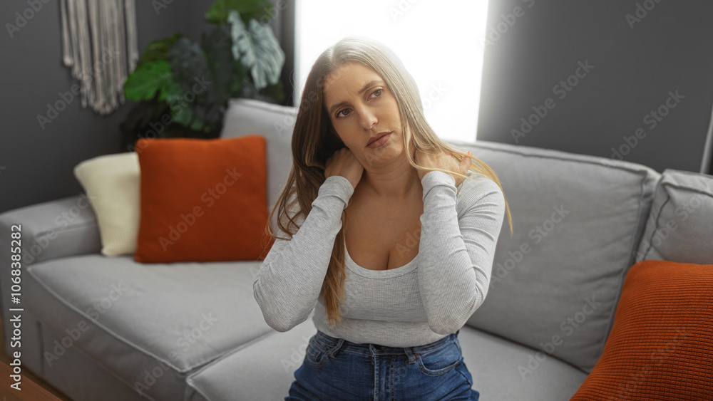 Woman with neck pain sitting on gray sofa in modern living room with orange cushions, expressing discomfort inside an urban apartment setting. Woman with neck pain sitting on gray sofa in modern living room with orange cushions, expressing discomfort inside an urban apartment setting.