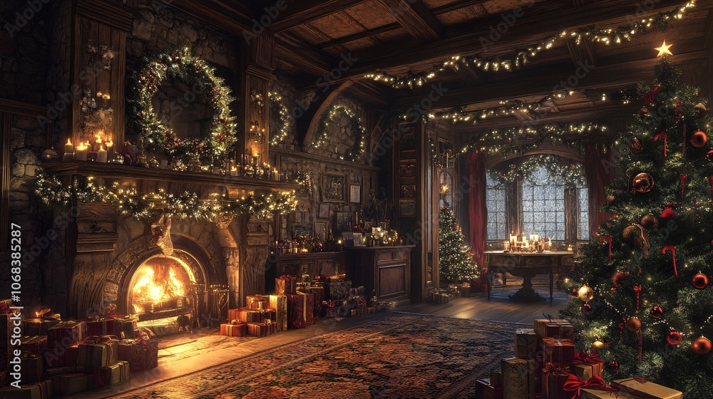 Obraz premium Christmas eve in a cozy decorated house with fireplace, gifts and christmas tree, celebrating winter holidays