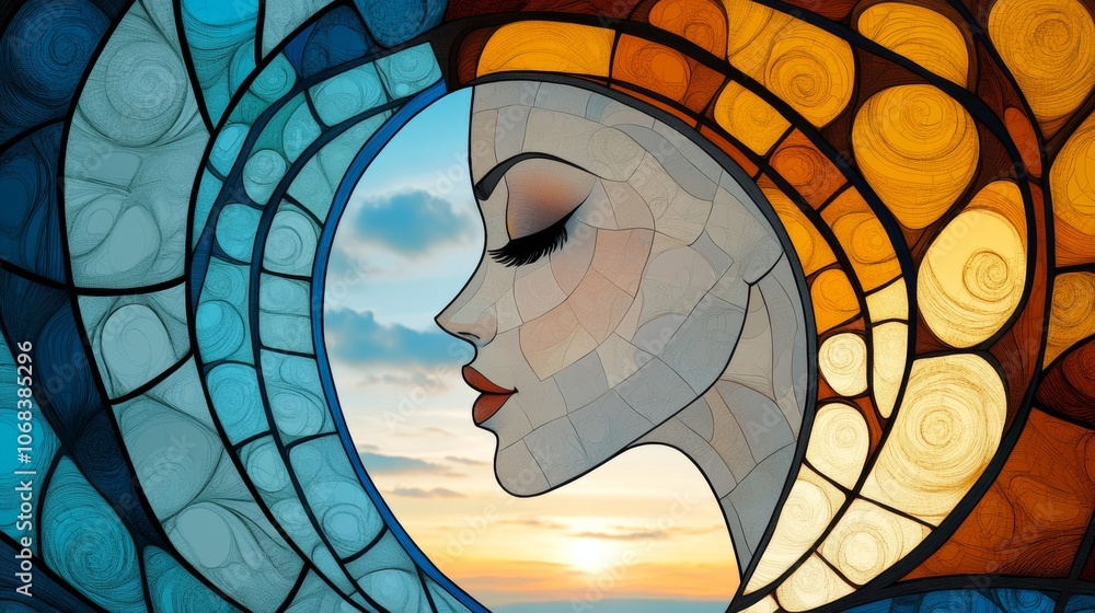 Serene Woman Silhouette Stained Glass Sunset Abstract Art Peaceful Sky Serene Woman Silhouette Stained Glass Sunset Abstract Art Peaceful Sky