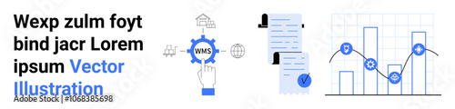 Text elements, hand interacting with WMS gear, documents with checkmark, bar and line charts with points and nodes. Ideal for business analytics, performance review, automation, project management