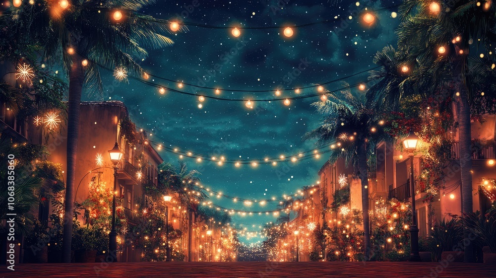 Fototapeta premium Holiday lights twinkling over a festive street, with a large blank area in the sky for holiday text or announcements.