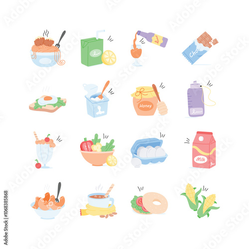 A vibrant set of food and drink icons in a modern, hand drawn style