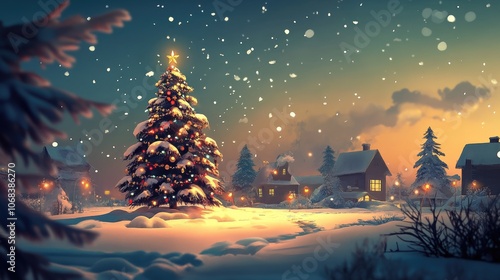 Holiday scene with a beautifully decorated tree and a snowy background, with space for text on a warm, festive backdrop.