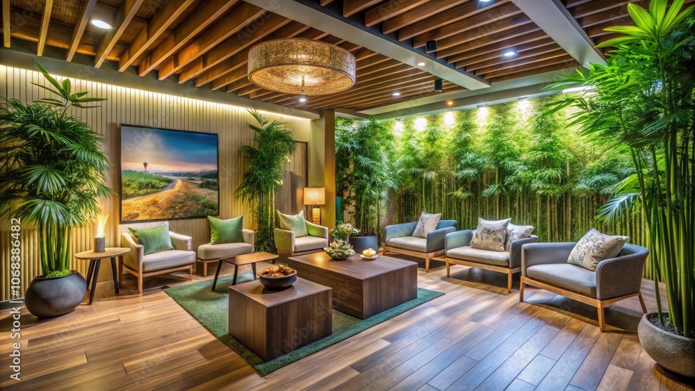 Zen Inspired Tranquil Waiting Room with Bamboo and Calming Ambiance for Holistic Wellness Retreat, Featuring Natural Elements, Soft Lighting, and Relaxing Atmosphere for Stress Relief Zen Inspired Tranquil Waiting Room with Bamboo and Calming Ambiance for Holistic Wellness Retreat, Featuring Natural Elements, Soft Lighting, and Relaxing Atmosphere for Stress Relief