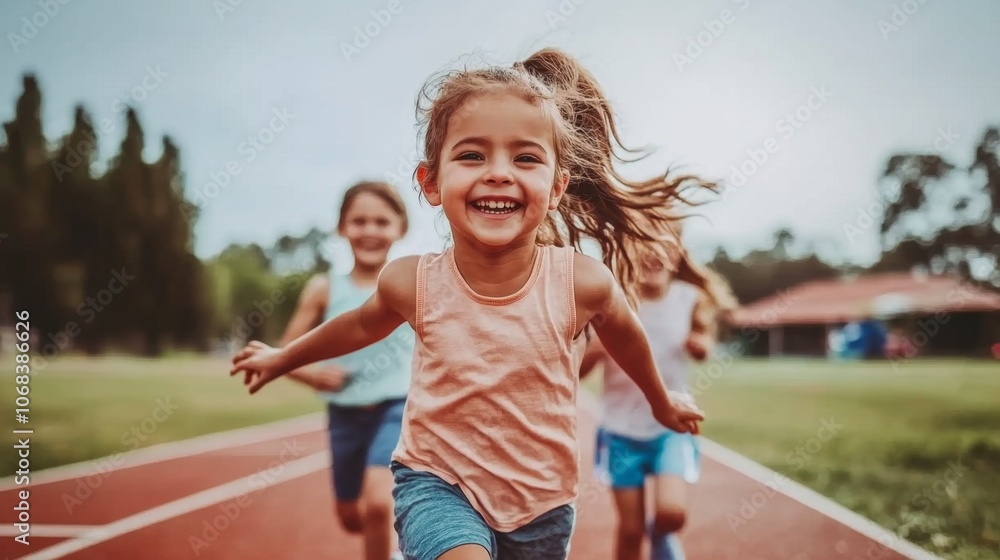 Obraz premium Group of joyful children running on a track, emphasizing healthy habits and youthful energy in a fitness-centered environment