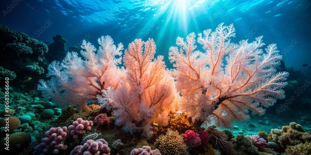 Long Exposure of Soft Coral Polyps on a Vibrant Seafan in Raja Ampat, Indonesia, Showcasing the Underwater Beauty and Biodiversity of Coral Reefs Long Exposure of Soft Coral Polyps on a Vibrant Seafan in Raja Ampat, Indonesia, Showcasing the Underwater Beauty and Biodiversity of Coral Reefs
