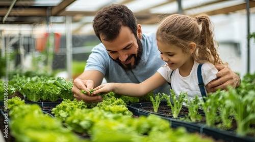Wallpaper Mural A father and daughter tend to seedlings. They are inspecting and caring for their lettuce plants. Torontodigital.ca