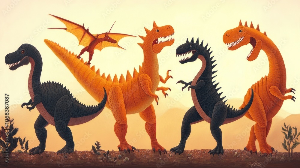 A colorful illustration of cartoonish dinosaurs in a prehistoric landscape. A colorful illustration of cartoonish dinosaurs in a prehistoric landscape.