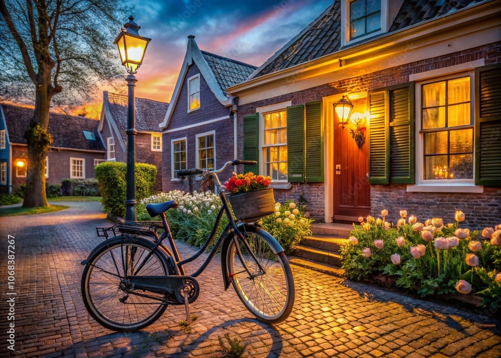 Low Light Capture of a Bicycle Parked by a Traditional Dutch House at Dusk, Showcasing the Charm of Dutch Architecture and Tranquil Evening Ambiance Low Light Capture of a Bicycle Parked by a Traditional Dutch House at Dusk, Showcasing the Charm of Dutch Architecture and Tranquil Evening Ambiance