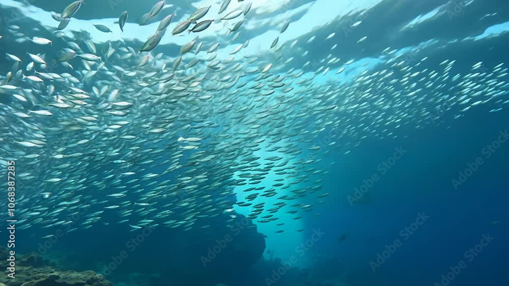 Camera tracks a school of fish underwater, silver scales flashing in sunbeams. Camera tracks a school of fish underwater, silver scales flashing in sunbeams.