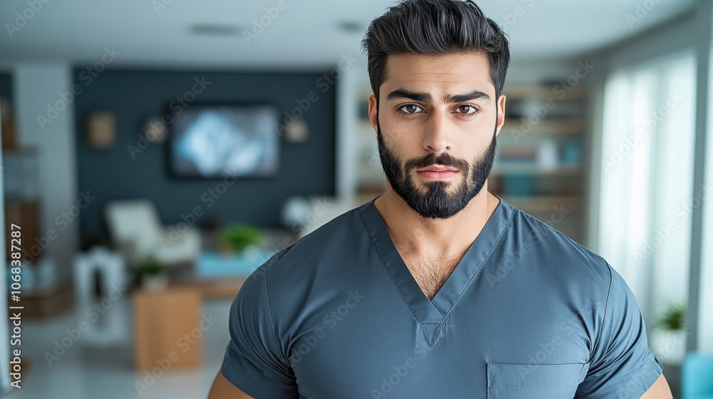 Confident Neurosurgeon in Charcoal Gray Scrubs Confident Neurosurgeon in Charcoal Gray Scrubs