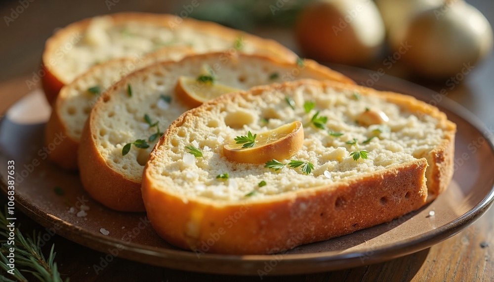 Rustic Garlic Bread Slices with Fresh Herbs on Earthenware Plate Rustic Garlic Bread Slices with Fresh Herbs on Earthenware Plate