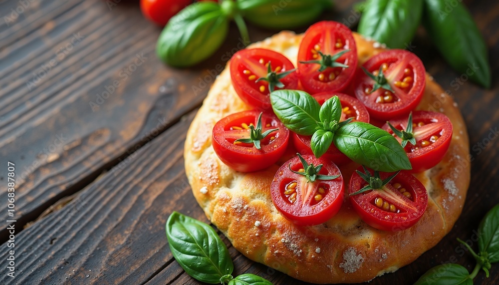 Rustic Italian Focaccia Adorned with Fresh Tomatoes and Basil on Wooden Table Rustic Italian Focaccia Adorned with Fresh Tomatoes and Basil on Wooden Table