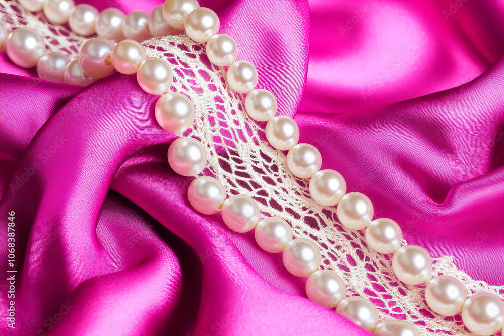 Elegant Arrangement of Lace and Pearls on Soft Satin Fabric, Ideal for Bridal, Romantic, and Vintage-Inspired Designs Elegant Arrangement of Lace and Pearls on Soft Satin Fabric, Ideal for Bridal, Romantic, and Vintage-Inspired Designs