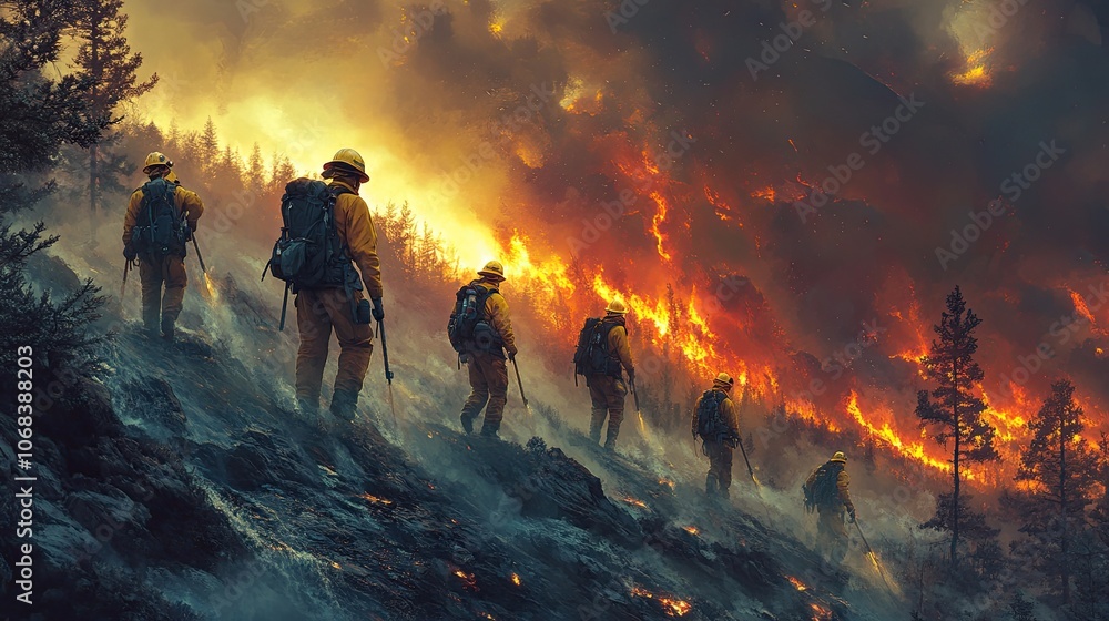 Fototapeta premium Firefighters battle a wildfire. This image is ideal for articles about wildfire prevention, firefighter safety, and the dangers of forest fires.