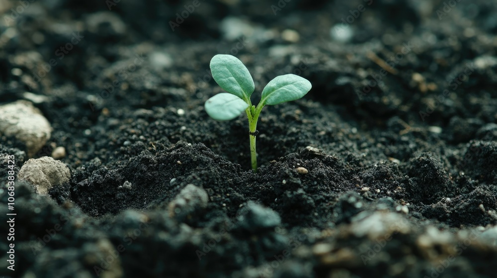 Naklejka premium New Growth Among Dark Soil and Stones