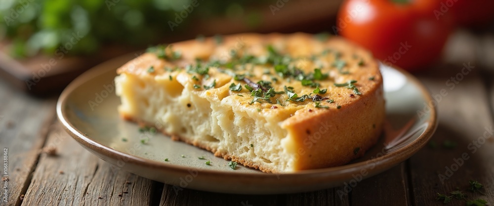 Savory Herb Focaccia Bread Slice on Rustic Wooden Table Savory Herb Focaccia Bread Slice on Rustic Wooden Table