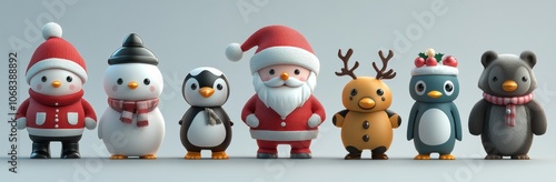 Colorful 3D illustration of cute Christmas characters including Santa, snowmen, reindeer, and penguins