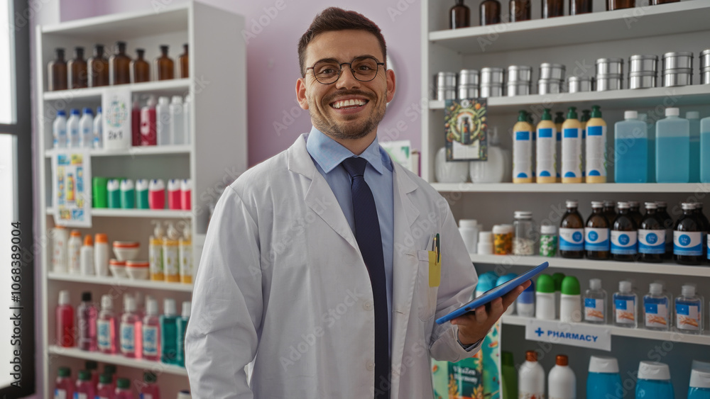A handsome, hispanic, young, bearded man stands in a pharmacy wearing a lab coat and holding a tablet, surrounded by various drugstore products on shelves. A handsome, hispanic, young, bearded man stands in a pharmacy wearing a lab coat and holding a tablet, surrounded by various drugstore products on shelves.