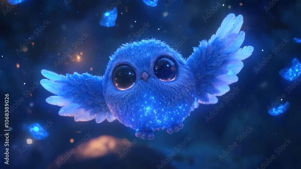 Blue hued creature with large eyes, tiny wings, and a rounded form gliding through a star lit night sky Blue hued creature with large eyes, tiny wings, and a rounded form gliding through a star lit night sky