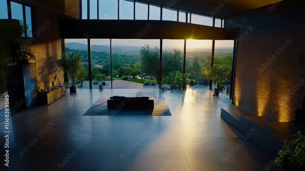 Fototapeta premium Modern Brick Home Interior Sunset View Luxury Living Room Design