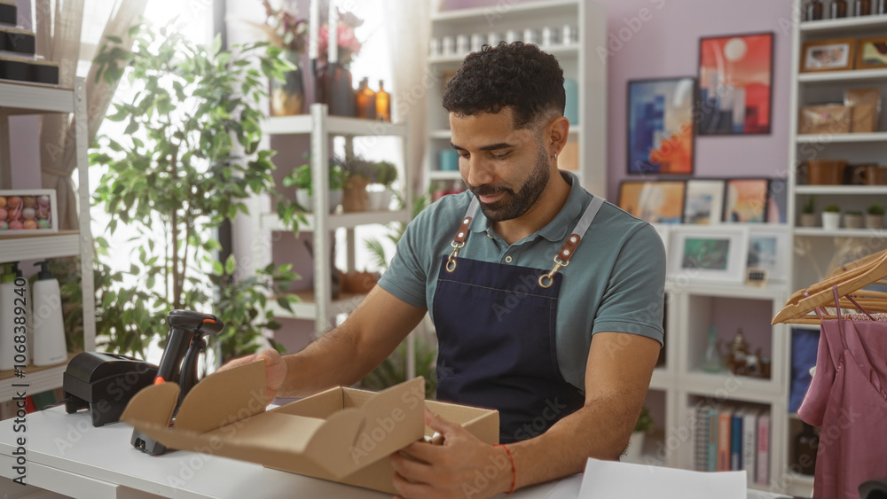 Young man in a home decor store preparing a package with a scanner at the counter surrounded by shelves and plants Young man in a home decor store preparing a package with a scanner at the counter surrounded by shelves and plants