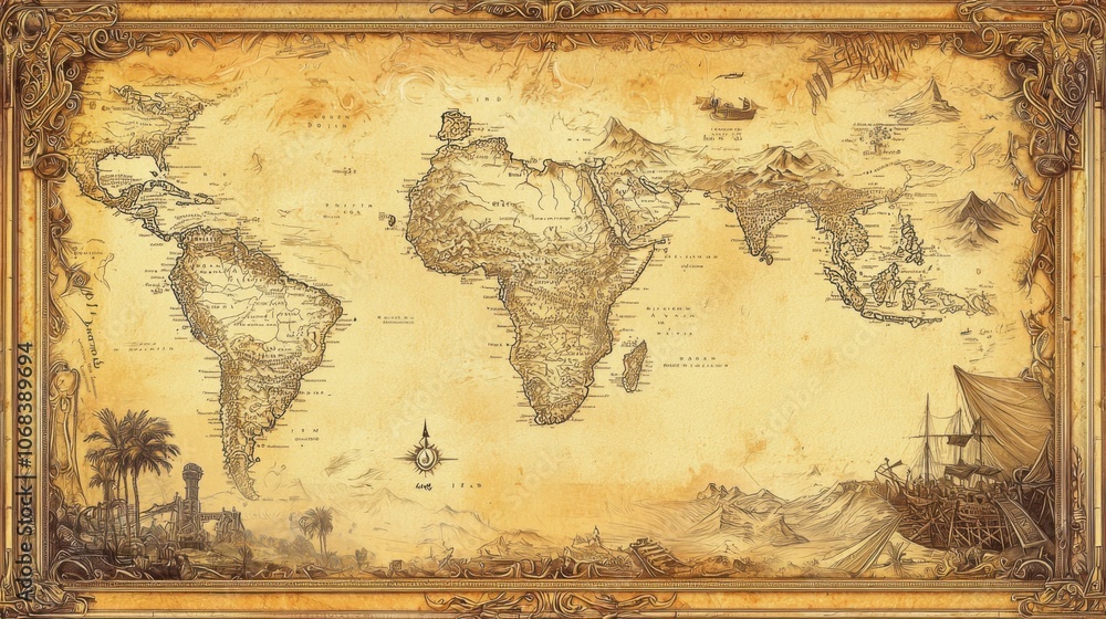 Obraz premium Explore the enchanting journey of a joyful monkey on an ancient hand-drawn map of africa