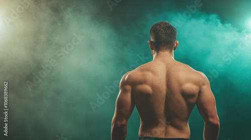 Boxer standing in ring, back view, with sweat glistening under lights